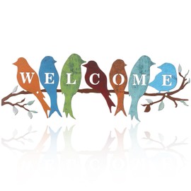 Peryiter Bird Wall Art Birds on Branch Welcome Sign Hanging Outdoor Metal Wall Decor Welcome Signs for Porch Vivid Bird Statue Welcome Wall Decor Tree Silhouette for Bedroom Garden (Rustic Colors)