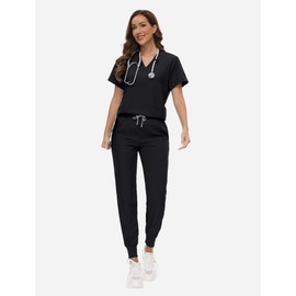 VIAOLI Scrubs for Women Set V-Neck Pocket Top & Drawstring Jogger Scrub Pants Stretch Nursing Scrubs Set Uniform