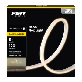 Feit Electric 5ft Indoor USB-Powered White Neon Flex Light, 120 Lumens, 3000K Bright Glow, 25,000-Hour Lifetime, Easy-to-Shape Display Lighting for Bedrooms, Dorms, Desks and More, NF5/3K/USB