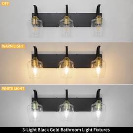foucasal Black Bathroom Light Fixtures 3-Light Bathroom Vanity Light with Clear Glass Shades, 23.62'' Industrial Black Gold Bathroom Wall Lights for Bathroom Bedroom Hallway Living Room Kitchen
