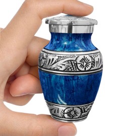 Classic Watercolor Dark Blue Small Keepsake Urn for Human Ashes – Elegant Cremation Urn for Man or Woman, Handcrafted Aluminum Design