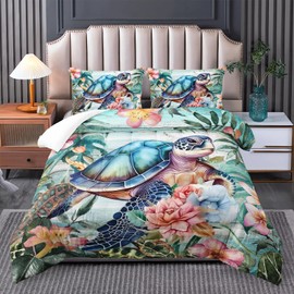 Nttopship Spring Sea Turtle Comforter Set 3 Pcs Bedding Set Queen Size for Girls,Wooden Floral Tropical Plants Printed Quilts Set Lightweight Soft Microfiber Warm All Season with 2 Pillowcases