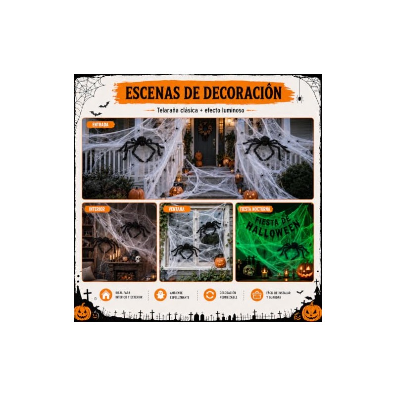 Araña Gigante Halloween Decoracion con Telaraña Elástica Luminosa 100g