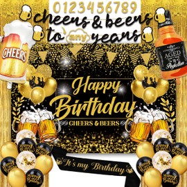 Black and Gold Party Decorations for Men and Women: Happy Birthday Banner, Fringe Curtains, "Cheers to You" Foil Balloons, Hanging Swirls, Photo Props, Birthday Sash (birthday backdrop)