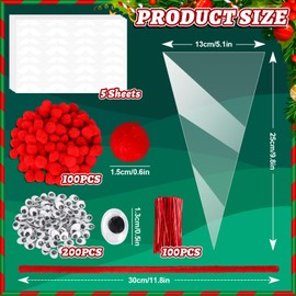 Whaline 100 Packs Christmas Cone Cellophane Bags Red Santa Claus Clear Candy Treat Bags Xmas DIY Art Crafts Kit for Goodie Popcorn Party Favor Supplies