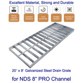 DuuMuut Galvanized Steel Drain Grate 20x8 for NDS 8” PRO Channel, Outdoor Drain Cover, B Class Replacement Sewer Grate Durable Heavy Duty, Sliver Rectangle Drainage Grate for Driveway, Concrete, Yard