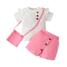 HEOXIN Baby Girls' Clothing Sets, Ruffle Edge Short Sleeves Button Decoration Stretch Trouser Skirt Outfits, Matching Cross Body Bag Summer Clothing Set, Girl Clothes, Girls, Pink, 6 Months - 3 Years