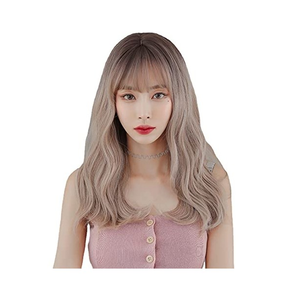 AIKO PRO Chic Korean Fashion Medium-Length Long Curly Wavy Wig Bangs, Natural Heat-Resistant Synthetic Hair Wigs with Fringe For Cosplay and Daily Wear (Pearl Flaxen), C-0306