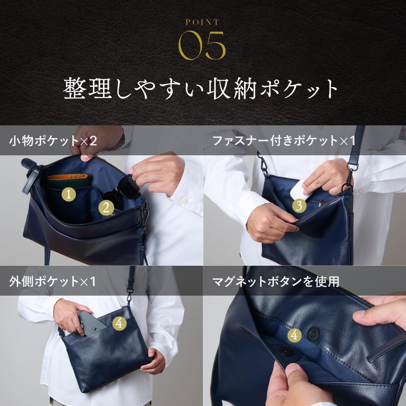 Ronde Sacoche Genuine Leather, 4-Way, b.navy