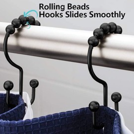 DAWNER Shower Curtain Hooks Rings, Rust Proof Hooks, Metal Easy Glide Double Shower Rings Hooks, Stainless Steel Shower Curtain Hangers for Bathroom Shower Curtains, Set of 12 Hooks, Matte Black