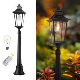 Emliviar Outdoor Solar Lamp Post Light, Dusk to Dawn Pole Lights with Clear Glass, Waterproof Solar Garden Light with Remote Control, LED Bulb Included, 500181PL-SL BK