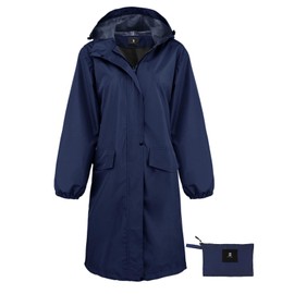Womens Long Hooded Rain Jacket Waterproof Lightweight Raincoat Windbreaker Navy Small