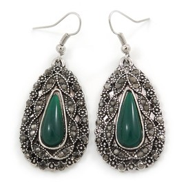 Teardrop Shaped Hematite Crystal Green Resin Drop Earrings In Silver Tone - 50mm L