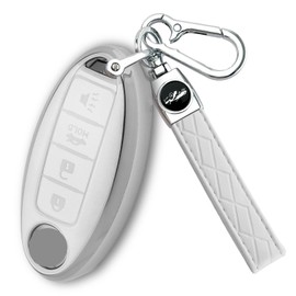 Joouheax Key Fob Cover for Nissan with Key Chain, 4 Button Soft TPU Key Fob Case Protection Shell for Nissan Infiniti Altima Maxima Rogue Armada Pathfinder, Silver