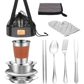 Camping Mess Kit - 1 to 2 Persons Camping Dishes Includes Cups Bowls Dishes Knives Forks Spoons, Etc, Camping Cutlery Set with Mesh Bag is Easy to Carry for Backpacking, Camping, Hiking and Picnics