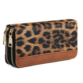 KAROMUS Women's Cow Print Wallet, Western Large Capacity Highland Purse, 2 Zippers Card Cases and Money Organizers Cow Stuff Gifts for Ladies, Leopard Brown