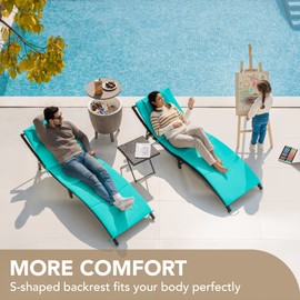 Devoko Patio Chaise Lounge Sets Outdoor Rattan Adjustable Back 3 Pieces Cushioned Patio Folding Chaise Lounge with Folding Table (Blue)