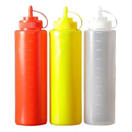 Osuter Squeeze Bottle, Pack of 3, 1000 ml, 32 oz Squeeze Bottle, Squeeze Bottle with Caps, No Leak Condiment Bottles, Splash Bottle for Sauces, Ketchup and Salad Dressing (Red, Yellow, White)