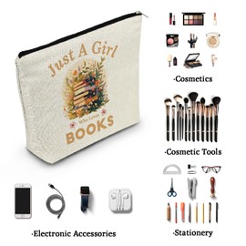 YULUENZE Book Lovers Gifts Just Love Books Makeup Bag Zipper Pouch Christmas Birthday Gifts for Women Readers Book Lovers Best Friends