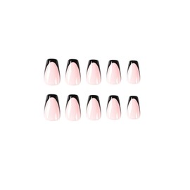 24pcs Short Coffin False Nails French Tip Stick on Nails Black Tip Press on Nails Removable Glue-on Nails Fake Nails Women Girls Nail Art Accessories