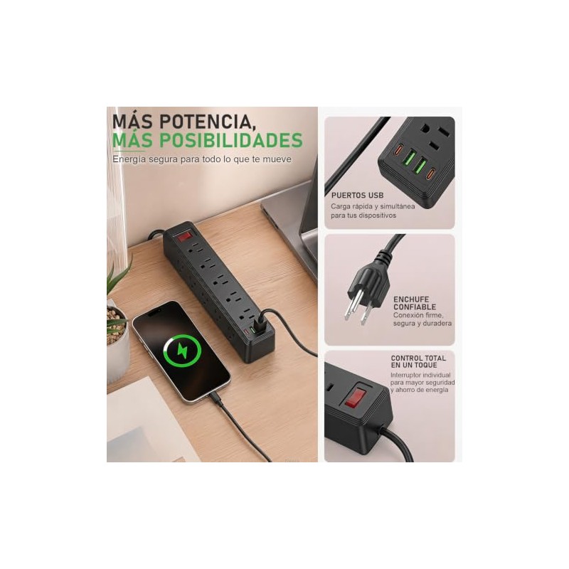 WAGADA 14 en 1 Multicontacto Regleta, 2M Extensión Eléctrica con