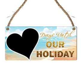 "Days Until Our Holiday" Countdown Plaque - Customised Vacation Chalkboard Sign in MDF Wood – Beach and Sunset Themed Holiday Countdown for Family or Couples (Beach, Without Pen)