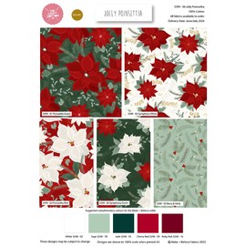 Christmas Fabric Jolly Poinsettia Fat Quarter Bundle of 5pcs 18"x22" (45x55cm) Wide for Crafting, Sewing, Patchwork, Home Décor; 100% Cotton
