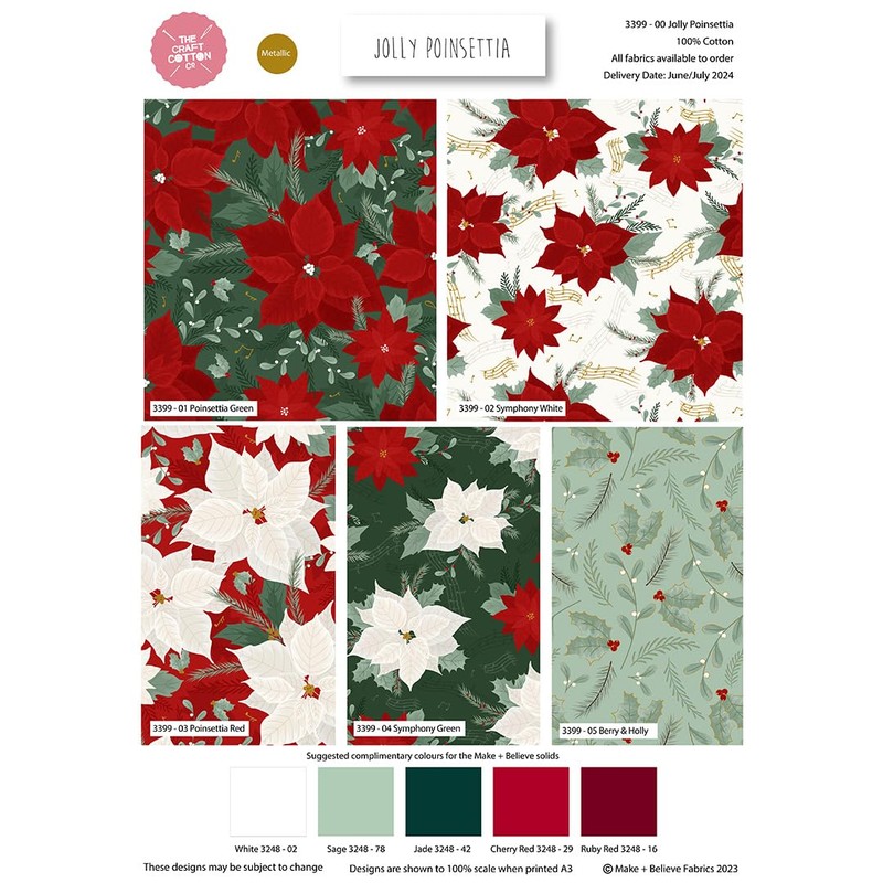 Christmas Fabric Jolly Poinsettia Fat Quarter Bundle of 5pcs 18"x22"