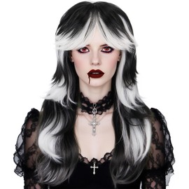 IMEYLE Black and White Wig Long Black White Gradient Wavy Wigs Layered Wolf Cut Vampire Wig for Women Shoulder Length Wigs for Cosplay Costume Outfit Halloween Party + Hair Cap