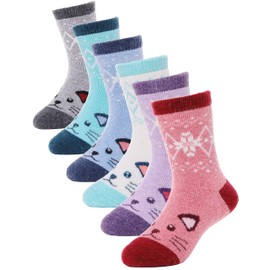 ANTSANG Kids Merino Wool Hiking Socks Toddlers Boys Girls Winter Warm Thick Thermal Crew Boot Heavy Cozy Snow Cabin Gift Snowboarding Socks 6 Pairs for Childs (Cat 01,4-7 Y)
