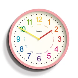 Jones Clocks® Kids Clock - Time Teaching Clock - Learn To Tell the Time Clock - Kids Wall Clock - Childrens Clocks for Bedrooms - Analogue Clock for Kids - Childrens Clock (Pink)
