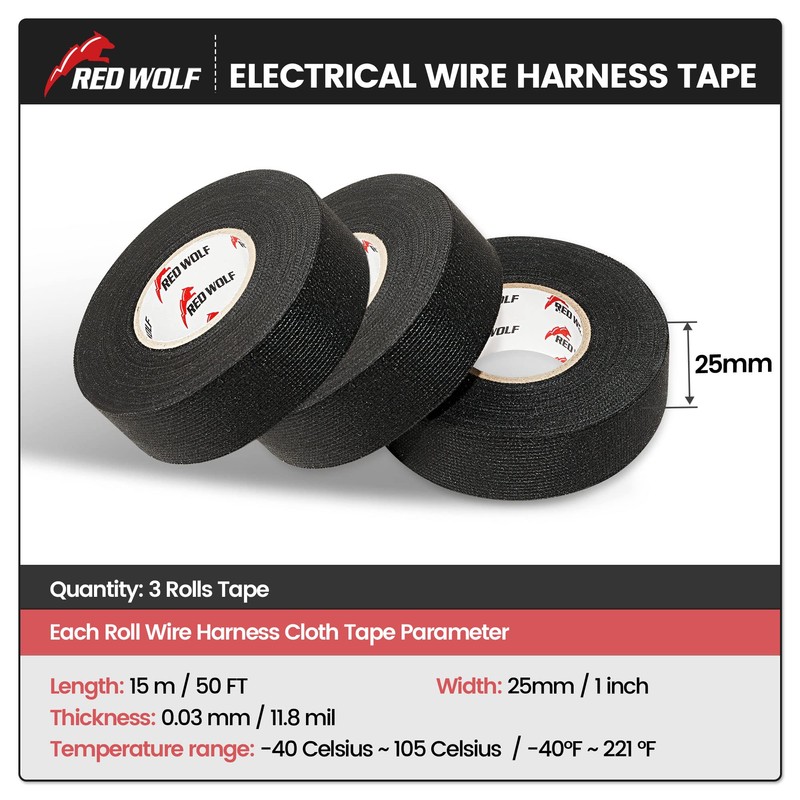 RED WOLF Electric Wiring Harness Cloth Tape 1 Inch x