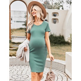 Ekouaer Maternity Dress Rib Knit Short Sleeve Bodycon Dresses Casual Stretchy Pregnancy Baby Shower Clothes Mint Green Small