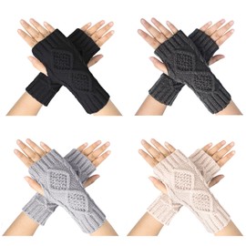 Loritta 4 Pairs Women's Fingerless Gloves Winter Warm Knitting Crochet Thumb Hole Arm Warmers - Purple - Large, A6 Beige/Light Grey/Dark Grey/Black (4 Pairs)