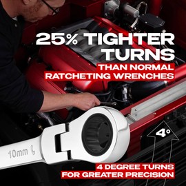 Jaeger 10 mm Flex Head TIGHTSPOT Ratchet Wrench, 4 Degree Swing arc, 12-Point Ratchet Combination Wrench, 90-Tooth