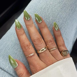 Chrome Green False Nails Almond, SXVME Glazed Chrome Press On Nails Medium Stiletto, Glitter Shine Fake Nails Medium Cute, Spring Acrylic Stick on Nails for Women Daily & Party Wear
