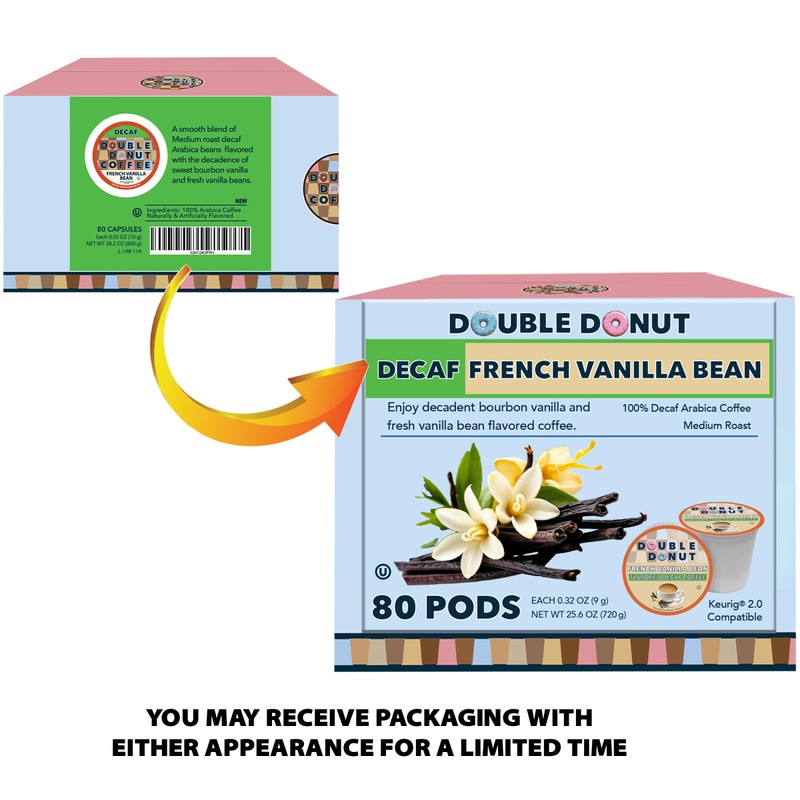 Double Donut Coffee Decaf French Vanilla Coffee Pods, Medium Roast