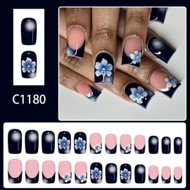 Medium Press on Nails Square Fake Nails with Blue Flower Design Glossy Black French Tip False Nails Full Cover Skin Tones Ombre Glue on Nails Reusable Floral Stick on Nail for Women Manicure 24Pcs