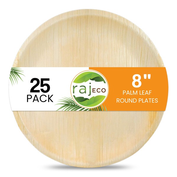 Raj Palm Leaf Plates [25-Pack] 8" Round Plates like Bamboo plates Disposable, Strong, Decorative Compostable Tableware for wedding, Lunch, Dinner, Birthday, Camping, Outdoor BBQ