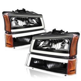 Headlights Assembly w/LED DRL compatible with 2003-2006 Chevy Silverado 1500 2500 3500, 03-06 Avalanche (No Cladding only), Black Housing Amber Side Headlamp Assembly
