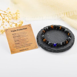 Gnamy Triple Protection Bracelet for Men, Mens Tiger Eye Black Obsidian Hematite Evil Eye Bracelet Rakhi Jewelry Gifts for Brother Husband Dad Son Boyfriend Christmas Birthday