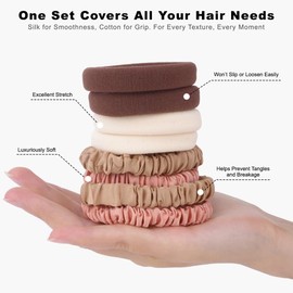 8PCS Silk Scrunchies & Seamless Cotton Hair Ties – No Damage, Elastic Ponytail Holders for Women, Strong Stretch Hair Bands for Thick & Fine Hair (Neutral Colors)