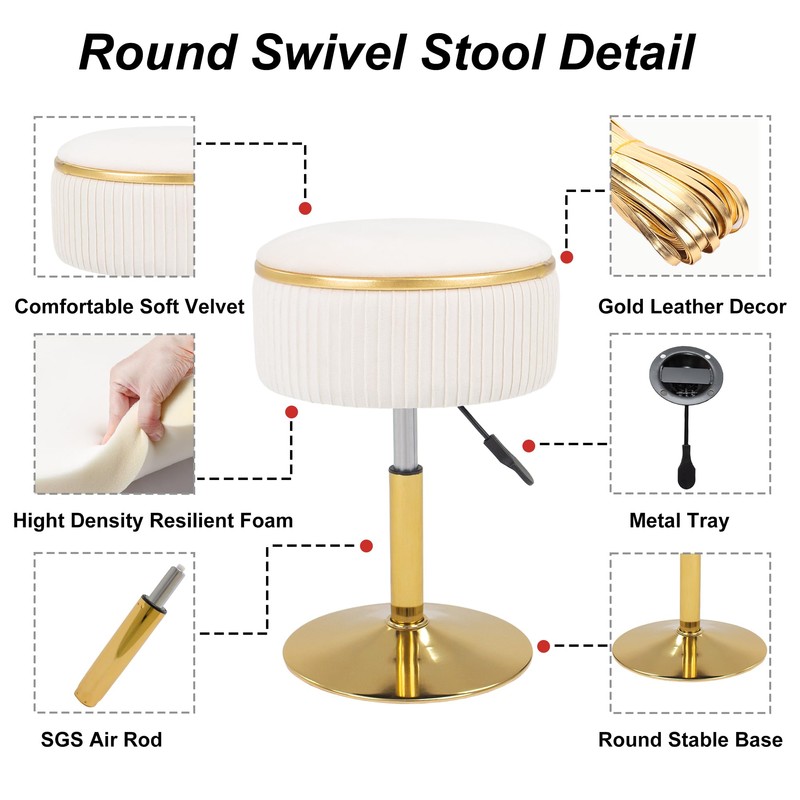 MRITWAII Adjustable Vanity Stool with Storage, 360° Swivel Makeup Stool