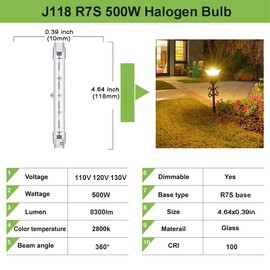 Rnyloas R7S 118MM T3 500W Bulb, 5 Pack Long Lasting R7S Halogen Bulb Dimmable, R7S 500W 120V Bulb with R7S Base 2800K Warm White, R7S Bulb 118MM T3 for Work, Security, Landscape Lights, Floor Lamps