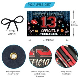 PHXEY - Banner oficial para puerta de cumpleaños de 13 años, decoraciones de feliz cumpleaños para niños y niñas, rojo y azul de 13 años, letrero para cabina de fotos, suministros de tela, PHXEY