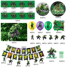 Green Superhero Birthday Party Supplies, Superhero Theme Decorations & Tableware Set, Include Banner, Backdrop, Balloons, Plates, Fork and More, for Boys Girls Birthday Baby Shower Party Supplies