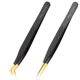 Wishbeauty Lash Extension Tweezers - 2pcs Straight and Curved Pointed Eyelash Extension Tweezers Professional Set for 3D 5D Individual Mink Eyelash Extensions (Black and Gold)
