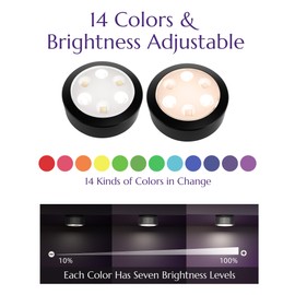 Ametheus Puck Lights with Remote, RGB Push Lights 14 Colors Changeable, LED Under Cabinet Lights, 1200mAh Rechargeable Tap Lights, Wireless Stick on Lights for Kitchen, Shelf, Counter, Closet (4 Pcs)