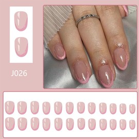 24 Pcs Almond Press on Nails Short Fake Nails Pink French Tip Glue on Nails Glossy Stick on Nails Full Cover Glitter Nail Tips False Nails Reusable Acrylic Nails for Women Manicure Supplies