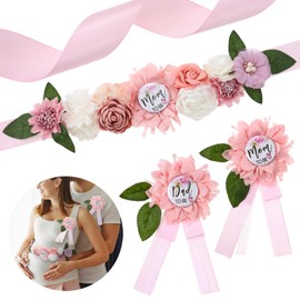 Pink Maternity Sash and Corsage Set Mom to Be Daddy to Be Corsage Pin Flowers Baby Shower Souvenir Sash Supplies Gender Reveal Decorations Pregnancy Photography Props